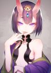  1girl bare_shoulders breasts eyebrows_visible_through_hair eyelashes fangs fate/grand_order fate_(series) finger_to_mouth hair_ornament highres horns japanese_clothes kimono lips looking_at_viewer nilitsu oni parted_lips purple_hair saliva short_hair shuten_douji_(fate/grand_order) small_breasts solo thick_eyebrows upper_body violet_eyes 