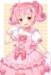  1girl :d bow cowboy_shot curly_hair daisy_(flower_knight_girl) dress flower_knight_girl frills gloves hair_bow looking_at_viewer open_mouth pink_bow pink_choker pink_dress pink_hair plaid plaid_background puffy_short_sleeves puffy_sleeves short_hair short_sleeves short_twintails shouni_(sato3) smile solo twintails white_bow white_gloves yellow_background yellow_eyes 