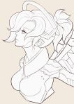  1girl bodysuit breasts hair_tie high_ponytail highres lineart lips looking_away looking_up mechanical_halo mechanical_wings medium_breasts medium_hair mercy_(overwatch) milars multiple_monochrome nose overwatch parted_lips profile solo tan_background upper_body wings 