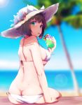  1girl back bare_shoulders beach bikini blurry blurry_background breasts brown_hair butt_crack cup day drink drinking_glass flower from_behind green_eyes hat hat_flower highres holding_glass idolmaster idolmaster_cinderella_girls large_breasts lens_flare looking_at_viewer looking_back maekawa_miku palm_tree ryuu. short_hair sitting sky solo sun sun_hat sunlight swimsuit tree water white_bikini 
