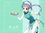 1girl :d aqua_background china_dress chinese_clothes double_bun dress f-ism gloves hair_bun hand_on_hip leaning_forward leg_up looking_at_viewer murakami_suigun open_mouth original smile solo tea thigh-highs tray twintails white_gloves white_legwear 