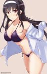 1girl :&lt; bangs bare_shoulders bikini black_hair blush breasts brown_background cleavage closed_mouth collarbone commentary_request cowboy_shot expressionless eyebrows_visible_through_hair hairband hands_in_sleeves kasumigaoka_utaha large_breasts leaning_forward long_hair looking_at_viewer navel off_shoulder open_clothes open_shirt purple_bikini red_eyes saenai_heroine_no_sodatekata shiny shiny_skin shirt side-tie_bikini sidelocks simple_background sleeves_past_wrists standing standing_on_one_leg stomach swimsuit tareme tasora thighs white_hairband 