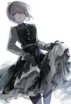  1girl black_dress black_gloves black_legwear dangan_ronpa dress dutch_angle eyebrows_visible_through_hair floating_hair gloves grey_eyes grey_hair hair_over_one_eye hairband hanbee_(higawari_k) lolita_hairband looking_at_viewer new_dangan_ronpa_v3 pantyhose parted_lips short_hair simple_background skirt_hold solo standing toujou_kirumi white_background 