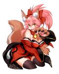  1girl animal_ears bell bell_collar breasts cleavage collar fang fate/grand_order fate_(series) fox_ears fox_tail hair_ribbon highres large_breasts long_hair looking_at_viewer moov_(mb_52) open_mouth paws pink_hair ribbon simple_background solo tail tamamo_(fate)_(all) tamamo_cat_(fate) white_background yellow_eyes 