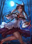  1girl animal_ears artist_name bare_legs bare_shoulders blouse breasts brown_hair cleavage freeze-ex imaizumi_kagerou large_breasts long_hair looking_at_viewer nail_polish off_shoulder open_mouth red_eyes red_nails red_skirt skirt smile solo teeth touhou white_blouse wolf_ears 