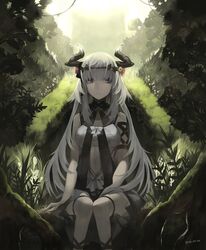  1girl bad_perspective bare_shoulders dated flower grey_eyes hair_flower hair_ornament hand_on_lap horns long_hair looking_at_viewer nature original rayvon ribbon sidelocks sitting_on_ground solo thigh-highs white_hair 