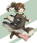  1girl :d black_dress blush boots bow bowtie brown_boots brown_eyes brown_hair dress floating_hair full_body geroro hair_bobbles hair_bow hair_ornament jumping long_hair looking_at_viewer open_mouth original outstretched_arms ponytail red_bow red_bowtie smile solo 
