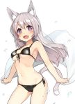  +_+ 1girl 3.14 :d animal_ears bikini black_bikini breasts contrapposto cowboy_shot eyebrows_visible_through_hair front-tie_bikini front-tie_top gluteal_fold grey_hair long_hair looking_at_viewer open_mouth original side-tie_bikini simple_background sketch smile solo strap_gap swimsuit symbol-shaped_pupils tail towel under_boob violet_eyes white_background 