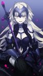  1girl armor armored_boots black_gloves black_legwear blue_background boots breasts chibirisu collarbone eyebrows_visible_through_hair fate/grand_order fate_(series) gloves gradient gradient_background hair_ornament hand_on_own_knee highres jeanne_alter long_hair looking_at_viewer medium_breasts midriff navel open_mouth petals ruler_(fate/apocrypha) silver_hair sitting smile solo stomach sword thigh-highs very_long_hair weapon yellow_eyes 