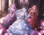  3girls blue_eyes book closed_mouth collarbone commentary crown diadem dress full_body grey_hair hair_between_eyes highres holding horns indoors long_hair long_sleeves looking_at_viewer lunacle multiple_girls open_mouth original purple_dress purple_hair red_dress red_eyes redhead smile standing violet_eyes white_dress 