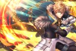  1boy armor black_pants black_shirt blonde_hair bow cape fate/extra fate/grand_order fate_(series) gauntlets gawain_(fate/extra) green_eyes hair_bow holding holding_sword holding_weapon looking_at_viewer pants shirt solo sorao_(ichhimo) sparkle sword weapon 