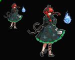  1girl animal_ears bangs black_background black_bow black_shoes bow cat_ears cat_tail closed_mouth dress eyebrows_visible_through_hair floating_skull from_behind full_body hair_bow hand_on_hip kaenbyou_rin long_hair looking_at_viewer multiple_views no_socks pixel_art profile red_eyes redhead shoes simple_background smile standing tail takorin touhou twintails 