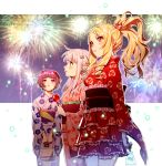  3girls bag bagged_fish blonde_hair blue_eyes bow brown_eyes candy_apple drill_hair eromanga_sensei fireworks fish floral_print food frills goldfish hair_bow izumi_sagiri japanese_clothes kimono lolita_fashion long_hair looking_up majiang multiple_girls obi open_mouth pink_bow pointy_ears ponytail purple_hair red_bow sash senju_muramasa short_hair silver_hair twin_drills violet_eyes wa_lolita yamada_elf yukata 