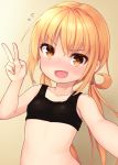  &gt;:d 1girl :d bangs binsen blonde_hair blush breasts collarbone eyebrows_visible_through_hair kantai_collection long_hair looking_at_viewer low_twintails nose_blush open_mouth satsuki_(kantai_collection) self_shot small_breasts smile solo sports_bra twintails upper_body v yellow_eyes 