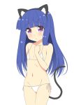  1girl :&lt; animal_ears bangs bikini blue_hair blunt_bangs blush cat_ears cat_tail fake_animal_ears flat_chest furude_rika gaou hand_on_own_chest higurashi_no_naku_koro_ni long_hair looking_at_viewer navel side-tie_bikini solo swimsuit tail violet_eyes white_background white_bikini 