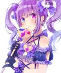  1girl asagao_minoru black_gloves blue_eyes blush bow bra breasts collarbone earrings frilled_bra frills gloves hair_bow heart heart_cutout heart_earrings heterochromia holding holding_staff jewelry long_hair looking_at_viewer medium_breasts original pink_eyes purple_hair purple_ribbon ribbon shiny shiny_skin simple_background smile solo sparkle staff twintails underwear underwear_only upper_body white_background wrist_bow 