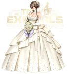  1girl bangs bare_shoulders blush bouquet breasts bridal_veil bride brown_hair cleavage detached_collar dress elbow_gloves eyebrows_visible_through_hair flower full_body gem gloves hair_flower hair_ornament highres holding jewelry large_breasts logo long_hair looking_at_viewer masami_chie open_mouth original simple_background smile solo standing tokyo_exe_girls veil violet_eyes wedding_dress white_background white_dress white_gloves 