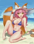  1girl absurdres animal_ears bikini blue_bikini blush breasts cleavage collarbone fate/extra fate/grand_order fate_(series) fox_ears fox_tail groin hat highres large_breasts long_hair looking_at_viewer navel ocean outdoors pink_hair s.u._(zxsa147852369) sandals sitting solo swimsuit tail tamamo_(fate)_(all) tamamo_no_mae_(swimsuit_lancer)_(fate) yellow_eyes 