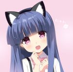  1girl :d animal_ears bangs blue_hair blunt_bangs blush bow cat_ears fake_animal_ears furude_rika gaou higurashi_no_naku_koro_ni long_hair looking_at_viewer open_mouth paw_print pink_background pink_bow smile solo upper_body violet_eyes 