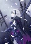  1girl absurdres armor armored_dress banner black_cape breasts cape cleavage crazy_rin detached_sleeves eyebrows_visible_through_hair fate/grand_order fate_(series) from_side gloves grey_gloves hair_between_eyes hair_ornament highres jeanne_alter parted_lips petals ruler_(fate/apocrypha) sheath sheathed short_hair silver_hair small_breasts solo standing sword weapon yellow_eyes 