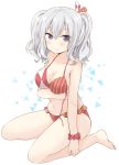  1girl bikini breast_hold collarbone commentary_request frilled_bikini frills full_body hat highres kantai_collection kashima_(kantai_collection) long_hair looking_at_viewer scrunchie silver_hair sitting smile solo swimsuit twintails violet_eyes wariza wrist_scrunchie yoshikita_popuri 