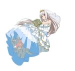  1girl bouquet breasts bridal_veil character_request choker cleavage collarbone diadem dress elbow_gloves floating_hair flower full_body gloves high_heels holding holding_bouquet long_hair medium_breasts red_eyes silver_hair simple_background sleeveless sleeveless_dress smile solo strapless strapless_dress sword_art_online veil very_long_hair wedding_dress white_background white_dress white_flower white_gloves 