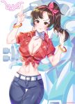  1girl :3 alternate_costume bangle belt blue_pants bow bracelet breasts brown_eyes brown_hair buttons character_name choker cleavage collarbone collared_shirt cowboy_shot cruiser_d.va d.va_(overwatch) earrings emblem facepaint facial_mark fang_out front-tie_top hair_ribbon hair_tousle hairband hand_in_hair headphones highres hoop_earrings index_finger_raised jewelry large_breasts long_hair looking_at_viewer mecha meka_(overwatch) midriff navel no_bra overwatch pants pink_ribbon plaid plaid_shirt ponytail red_shirt ribbon shirt short_sleeves simple_background smile solo thigh_gap twitter_username ubi_(ekdus6080) unbuttoned unbuttoned_shirt unmoving_pattern whisker_markings white_background white_bow white_choker 