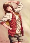  1girl arm_up artist_signature bangs beige_background blonde_hair blush breasts brown_eyes brown_hair buttons character_request collarbone copyright_request cowboy_shot deviantart_username eyelashes gradient_hair hair_over_shoulder hand_in_pocket hand_on_head jacket legs_together letterman_jacket lips long_hair long_sleeves looking_away looking_to_the_side medium_breasts multicolored_hair open_clothes open_jacket parted_lips raglan_sleeves red_jacket short_shorts shorts signature simple_background sleeves_pushed_up solo standing striped_jacket teeth two-tone_hair unbuttoned watermark web_address white_jacket yaminokuni 