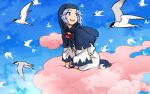  1girl :d bird blue_eyes blue_hair blue_sky flying hood hood_up kesa kumoi_ichirin looking_to_the_side meitei open_mouth orb pink_cloud sky smile tern touhou white_robe wide_sleeves 