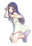  1girl :d bangs blue_hair blush character_request dress eyebrows_visible_through_hair from_side green_dress green_ribbon hair_over_shoulder long_hair looking_at_viewer mikazuchi_zeus open_mouth paw_pose ribbon shadow simple_background sleeveless slippers smile solo standing standing_on_one_leg violet_eyes white_background white_dress 