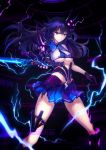 1girl 2016 absurdres black_gloves blue_eyes blue_hair blue_skirt braid breasts dated electricity floating_hair gloves hair_ornament highres holding holding_sword holding_weapon honkai_(series) honkai_impact large_breasts long_hair looking_at_viewer luo_qingyu mihoyo miniskirt pleated_skirt raiden_mei signature skirt sleeveless solo standing sword thigh_strap torn_clothes torn_skirt underwear very_long_hair weapon