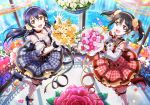  10s 2girls artist_request bangs bare_shoulders black_hair blue_dress blue_hair bouquet bow brown_eyes checkered choker collarbone detached_sleeves dress fishnet_legwear fishnets flower frills garter_straps hair_bow hair_flower hair_ornament hairband high_heels long_hair looking_at_viewer love_live! love_live!_school_idol_festival love_live!_school_idol_project multiple_girls official_art open_mouth pink_flower red_dress red_eyes ribbon rose smile sonoda_umi thigh-highs twintails water yazawa_nico yellow_flower 