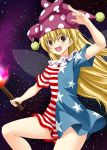  1girl american_flag_dress blonde_hair clownpiece dress fairy_wings fire hat highres jester_cap long_hair neck_ruff no_pants open_mouth polka_dot rappa_(rappaya) red_eyes short_dress short_sleeves sky smile solo star star_(sky) star_print starry_sky striped torch touhou very_long_hair wings 