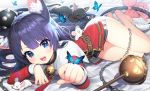  1girl :d animal_ears bangs bare_legs barefoot belt blue_eyes blush bug butterfly cat cat_ears cat_girl cat_tail chain epic7 eyebrows eyebrows_visible_through_hair highres insect jewelry kuang_(kzhw7588) looking_at_viewer lying mouse neck_ring on_side open_mouth purple_hair ribbon smile tail teeth upper_teeth 
