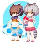  2girls alternate_costume alternate_footwear aqua_background artist_name bikini blonde_hair blush brown_eyes brown_hair c: child closed_mouth collarbone dot_nose eating eurasian_eagle_owl_(kemono_friends) eyelashes food frilled_bikini frills full_body gradient_hair grey_hair hair_between_eyes head_wings highres holding holding_food holding_spoon innertube kemono_friends light_brown_hair looking_away midriff multicolored multicolored_background multicolored_hair multiple_girls navel northern_white-faced_owl_(kemono_friends) omucchan_(omutyuan) orange_bikini orange_bikini_bottom orange_bikini_top outline pink_bikini pink_bikini_bottom pink_bikini_top polka_dot polka_dot_background sandals shaved_ice short_hair signature snorkel spoon spoon_in_mouth standing summer swimsuit tail two-tone_background white_background white_outline wings 
