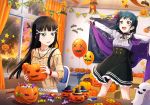  2girls annoyed artist_request balloon bangs black_hair blue_hair blunt_bangs blush box candy cardboard_box chair collarbone curtains food ghost green_eyes hair_bun halloween hat holding indoors jack-o&#039;-lantern jewelry kurosawa_dia lolita_fashion long_hair looking_at_another love_live! love_live!_school_idol_festival love_live!_sunshine!! mole mole_under_mouth multiple_girls necklace off_shoulder official_art open_mouth pendant puffy_sleeves pumpkin side_bun skirt smile sunset table tree tsushima_yoshiko violet_eyes window witch_hat 