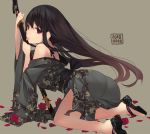  1girl bare_shoulders black_hair dated floral_print flower geta holding holding_weapon japanese_clothes katana long_hair original petals rayvon red_eyes rose rose_petals sheath sheathed simple_background solo sword tongue tongue_out weapon 