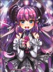  1girl blue_eyes blush detached_sleeves dress fate/extra fate/extra_ccc fate/grand_order fate_(series) horns idol lancer_(fate/extra_ccc) long_hair looking_at_viewer microphone moze music open_mouth pink_hair pointy_ears ribbon singing smile solo two_side_up 