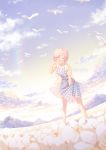  1girl :d ^_^ ^o^ adjusting_glasses ahoge artist_name bangs bare_legs between_legs bird blurry blush breasts casual checkered checkered_dress closed_eyes clouds collarbone commentary depth_of_field dress facing_viewer fate/grand_order fate_(series) field flower flower_field glasses gradient gradient_sky hand_between_legs highres jacket leaning_forward legs_apart lens_flare medium_breasts open_clothes open_jacket open_mouth outdoors pink_hair pixiv_id rimuu round_teeth semi-rimless_glasses shielder_(fate/grand_order) short_hair short_sleeves smile solo standing sunlight swept_bangs teeth under-rim_glasses watermark web_address wind yellow_jacket 