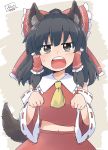  &gt;:o 1girl :o animal_ears artist_name ascot black_hair bow brown_eyes commentary_request dated detached_sleeves dog_ears dog_tail fang hair_bow hair_tubes hakurei_reimu highres kemonomimi_mode looking_at_viewer midriff navel paw_pose red_shirt red_skirt ribbon-trimmed_sleeves ribbon_trim shirt short_hair signature simple_background skirt solo sweatdrop tail teeth touhou upper_body wide_sleeves yutamaro 