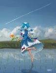 1girl barefoot blue_bow blue_hair blue_skirt blue_sky bow cirno clouds cloudy_sky commentary_request dated day flower from_behind full_body gotoh510 hair_bow highres holding holding_flower ice ice_wings looking_up morning_glory outdoors puffy_short_sleeves puffy_sleeves red_bow rice_paddy short_hair short_sleeves skirt skirt_set sky solo sunflower tan tanned_cirno touhou vest water wings 