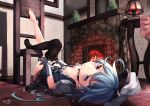  1girl barefoot black_legwear blue_dress blue_eyes blue_hair breasts chair cleavage dated dress dressing fire indoors lee_(saraki) legs_up long_hair looking_at_viewer lying on_back original saraki signature single_thighhigh small_breasts solo thigh-highs 