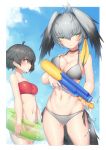  2girls absurdres alternate_costume bandeau bangs bikini black_hair blonde_hair blue_sky blush breasts brown_eyes choker cleavage closed_mouth collarbone cowboy_shot day expressionless eyebrows_visible_through_hair from_side gluteal_fold green_eyes grey_bikini grey_hair hair_between_eyes head_wings highres holding innertube kaban_(kemono_friends) kemono_friends large_breasts looking_afar looking_at_viewer low_ponytail medium_breasts multicolored_hair multiple_girls navel neko7 open_mouth red_bikini shoebill_(kemono_friends) short_hair side-tie_bikini side_ponytail sky smile stomach strapless super_soaker swimsuit toned trigger_discipline tubetop water water_gun 