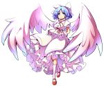  1girl arms_behind_back baba_(baba_seimaijo) bangs blue_eyes blue_hair bow frilled_skirt frills full_body hair_bow highres looking_at_viewer mai_(touhou) mary_janes neck_ribbon parted_bangs parted_lips puffy_short_sleeves puffy_sleeves red_ribbon ribbon shirt shoes short_hair short_sleeves simple_background skirt skirt_set socks solo standing tareme touhou touhou_(pc-98) white_background white_bow white_legwear white_shirt white_skirt white_wings wings 