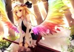  1girl alternate_costume alternate_weapon alternate_wings bare_shoulders blonde_hair blurry day depth_of_field detached_sleeves dress dutch_angle feathered_wings flandre_scarlet hat hat_ribbon highres lens_flare looking_at_viewer mob_cap multicolored multicolored_wings red_eyes ribbon short_hair side_ponytail sinkai smile solo sunlight sword touhou tree weapon white_dress wings 