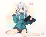  1girl barefoot blue_eyes blush bow bow_panties commentary_request dated drawing_tablet eromanga_sensei eyebrows_visible_through_hair feet full_body green_jacket hair_bow hair_over_shoulder holding izumi_sagiri jacket long_hair looking_at_viewer no_pants panties pink_bow pink_panties polka_dot polka_dot_panties see-through silver_hair sitting smile solo stylus thought_bubble underwear wariza yoshino_ryou 
