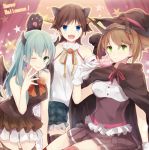  &gt;:d 3girls :d ;) animal_ears aqua_hair blue_eyes brown_hair candy cape cat_ears cat_paws demon_horns demon_wings fang_out food frilled_skirt frills gloves green_eyes halloween happy_halloween hat hiei_(kantai_collection) hiiragi_souren horns kantai_collection lollipop long_hair multiple_girls mutsu_(kantai_collection) one_eye_closed open_mouth paw_gloves paws plaid plaid_skirt short_hair skirt smile suzuya_(kantai_collection) thigh-highs wings witch_hat zettai_ryouiki 