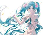  1girl absurdly_long_hair arm_strap blue_eyes blue_hair earrings flower hair_flower hair_ornament hand_in_hair hatsune_miku jewelry long_hair looking_at_viewer petals pink_flower pink_ribbon ribbon shirt simple_background sleeveless sleeveless_shirt smile solo standing tatsumi3 twintails upper_body very_long_hair vocaloid white_background white_shirt 