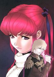  1boy 1girl blonde_hair char's_deleted_affair char_aznable epaulettes gundam haman_karn kitazume_hiroyuki pink_hair redhead violet_eyes younger 