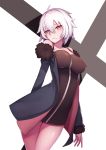  1girl ahoge ban_bu_bu_duou bangs breasts closed_mouth cowboy_shot dress erect_nipples eyebrows_visible_through_hair fang_out fate/grand_order fate_(series) grey_hair hair_between_eyes highres jeanne_alter large_breasts looking_at_viewer ruler_(fate/apocrypha) short_dress short_hair solo thighs yellow_eyes 